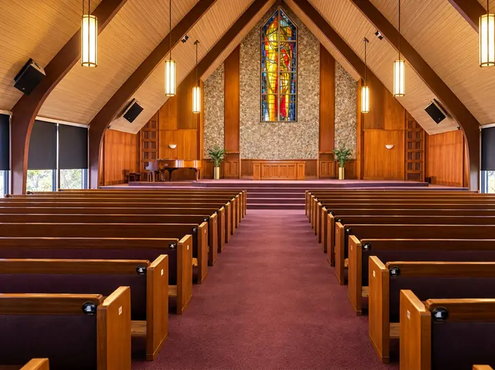 Interior of the Norwalk sanctuary showing seating and natural light