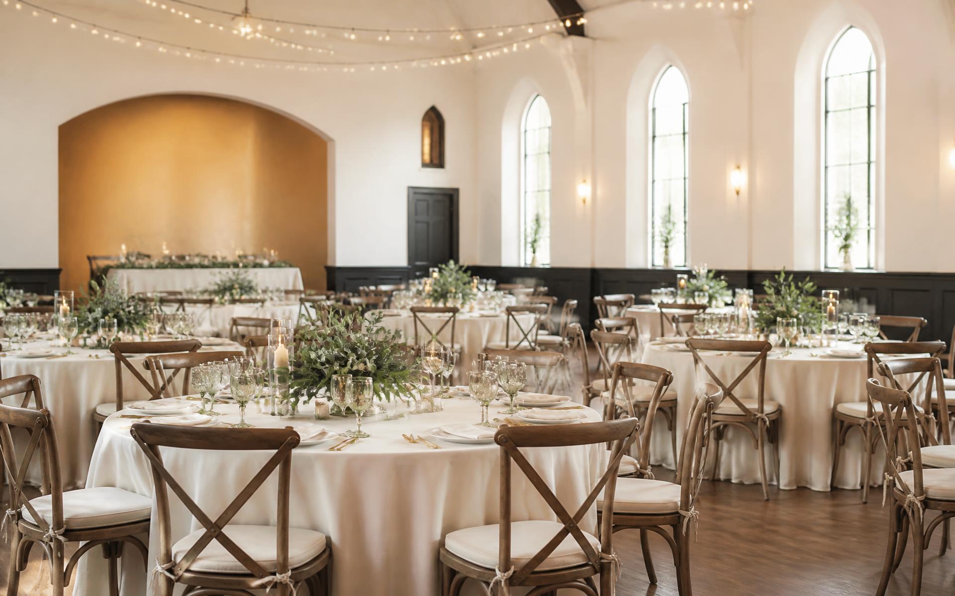 Fellowship hall set with round tables and ivory linens for a wedding reception